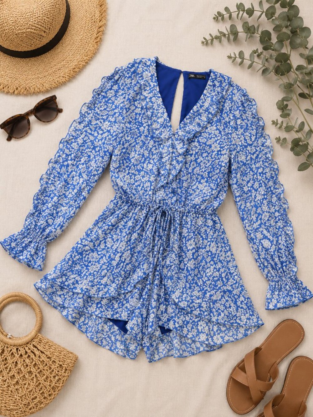Zara Blue White Floral Ruffle Romper M Tie Waist Long Sleeve Boho Playsuit